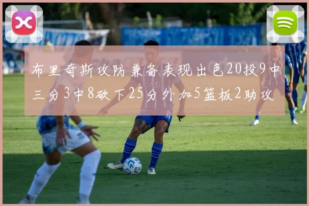 布里奇斯攻防兼备表现出色20投9中三分3中8砍下25分外加5篮板2助攻2盖帽